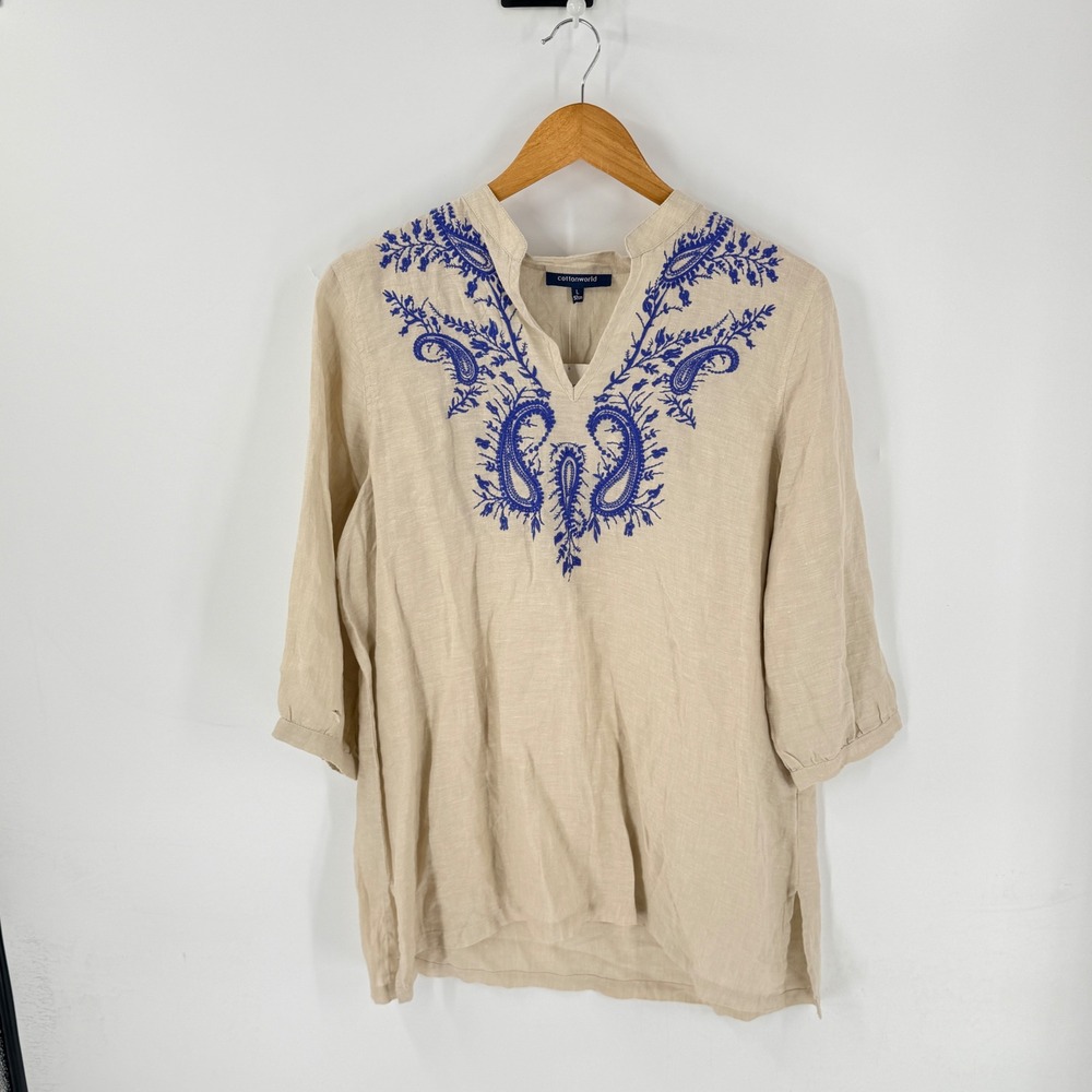 Cottonworld Linen Tunic Top Beige Blue Embroidered Paisley Size L Boho Coastal